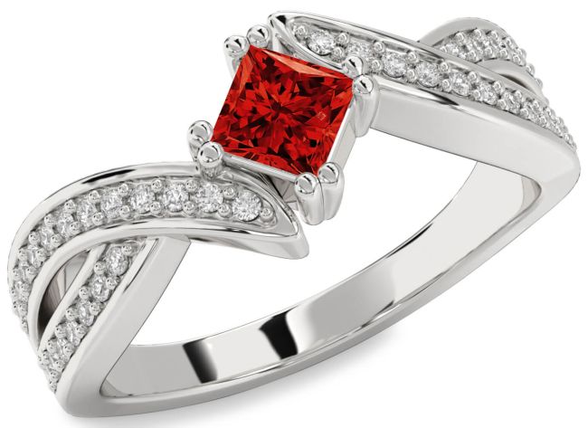 Diamond Ruby Silver Princess Solitaire Pave Engagement Ring