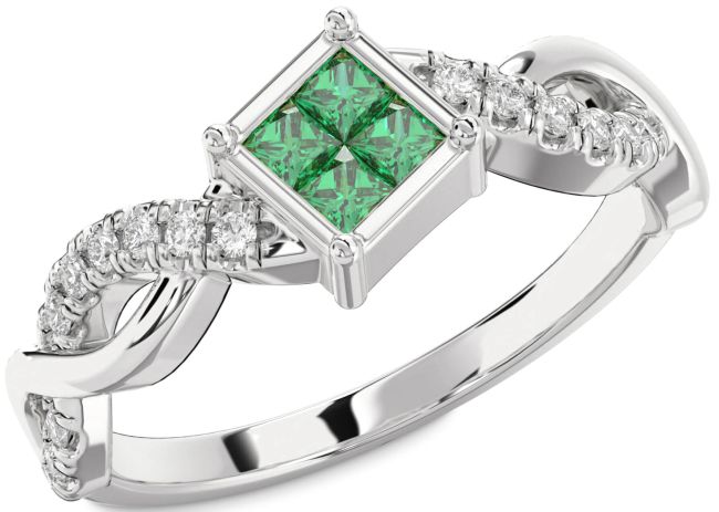 Diamond Emerald Silver Princess Promise Ring