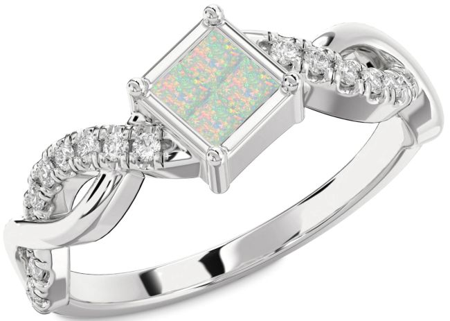 Diamond Opal Silver Princess Promise Ring