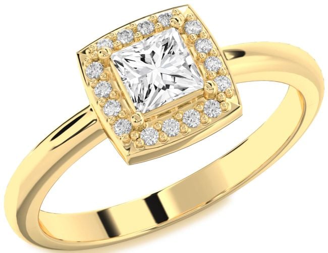Diamond Gold Silver Halo Princess Engagement Ring