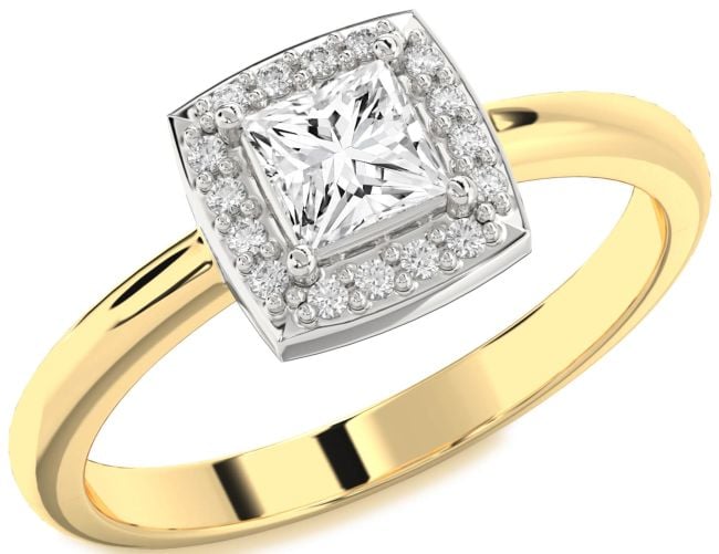 Diamond Gold Silver Halo Princess Engagement Ring