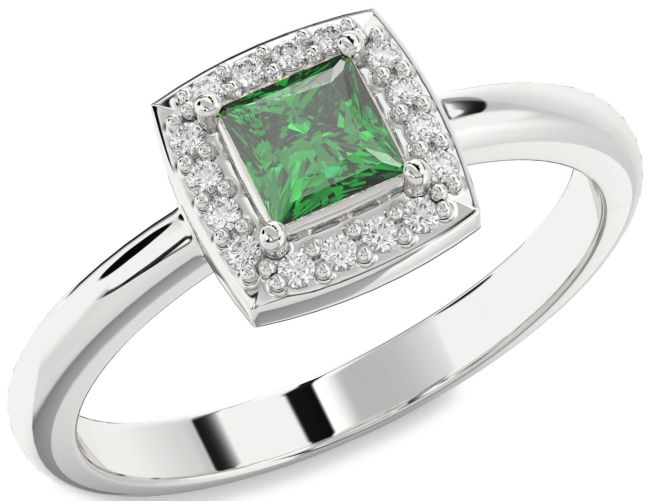 Diamond Emerald Silver Halo Princess Engagement Ring