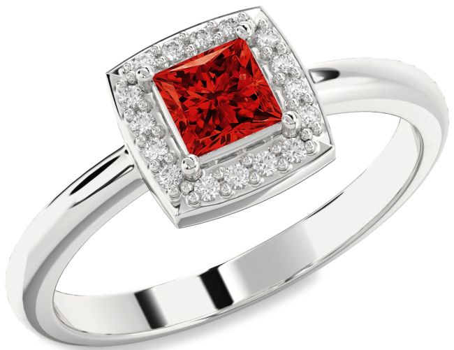 Diamond Ruby Silver Halo Princess Engagement Ring