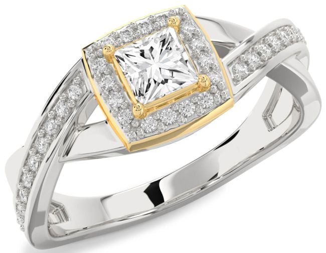Diamond White Yellow Gold Halo Princess Engagement Ring