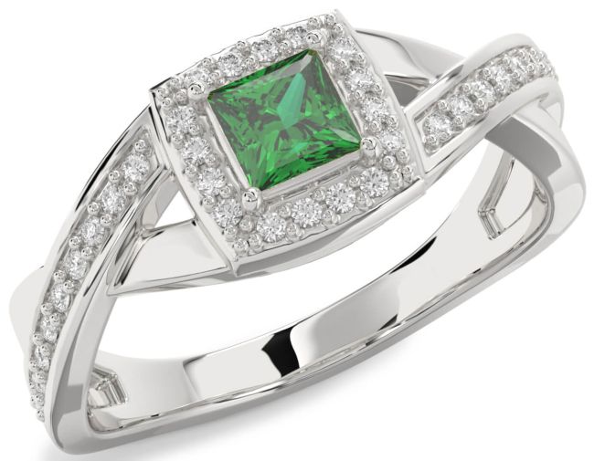 Diamond Emerald Silver Halo Princess Engagement Ring