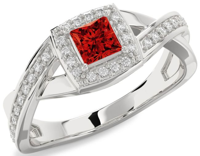 Diamond Ruby Silver Halo Princess Engagement Ring