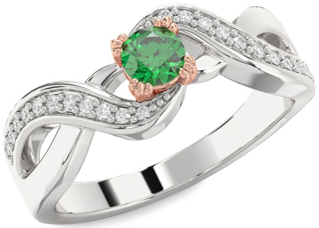 Diamond Emerald Silver & 10K Rose Gold Infinity Round Promise Ring