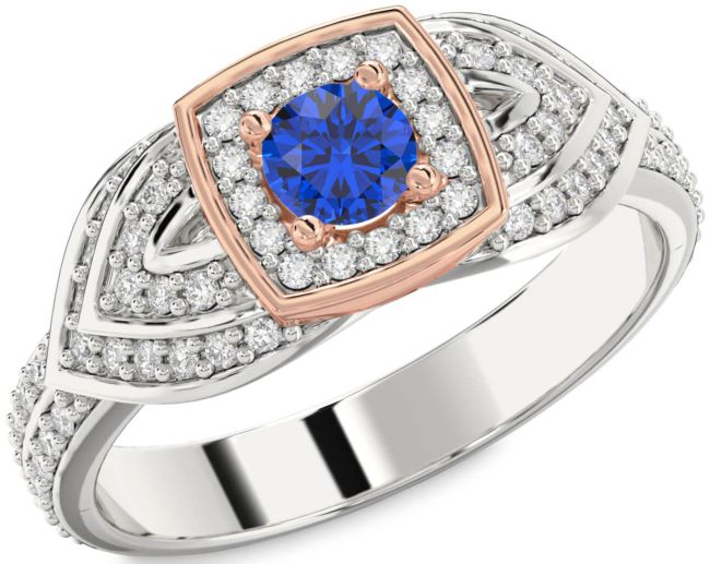 Diamond Blue Sapphire Platinum & Rose Gold Halo Round Pave Promise Ring