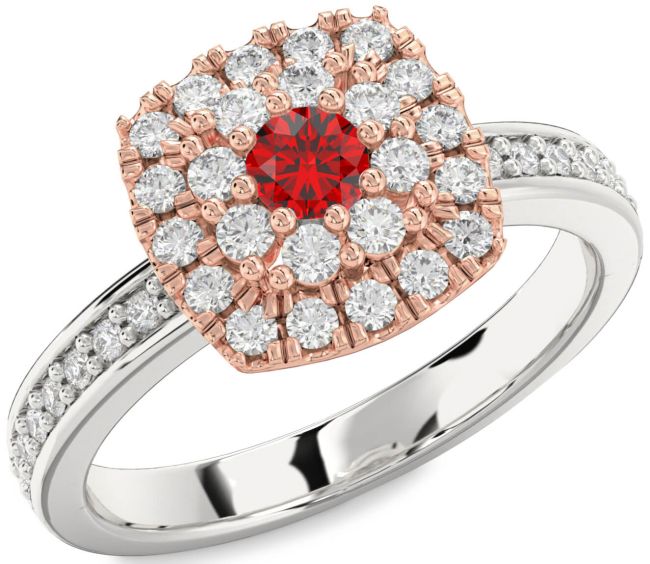 Diamond Ruby Silver & 10K Rose Gold Halo Round Pave Promise Ring