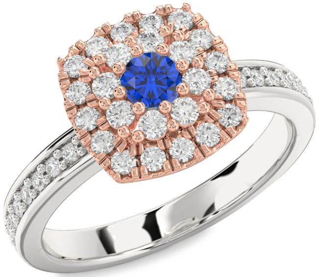 Diamond Blue Sapphire Platinum & Rose Gold Halo Round Pave Promise Ring