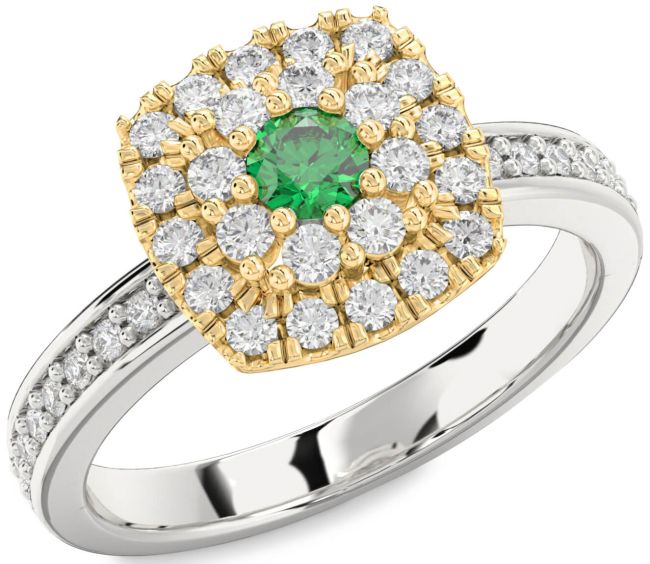 Diamond Emerald White Yellow Gold Halo Round Pave Promise Ring