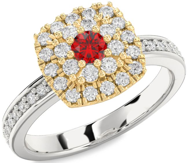 Diamond Ruby White Yellow Gold Halo Round Pave Promise Ring