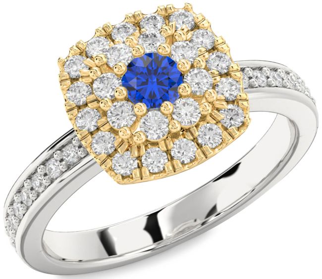 Diamond Blue Sapphire White Yellow Gold Halo Round Pave Promise Ring