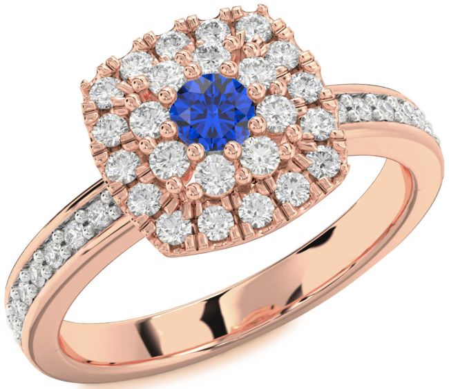 Diamond Blue Sapphire Rose Gold Halo Round Pave Promise Ring