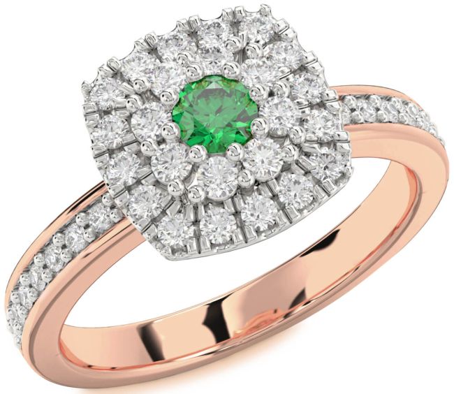 Diamond Emerald Platinum & Rose Gold Halo Round Pave Promise Ring