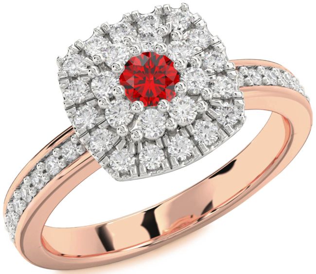 Diamond Ruby Rose Gold Silver Halo Round Pave Promise Ring