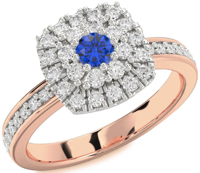 Diamond Blue Sapphire Rose Gold Silver Halo Round Pave Promise Ring