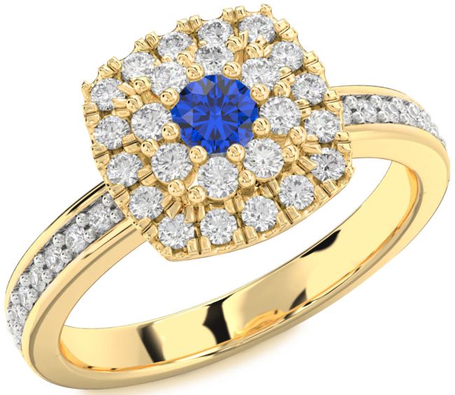 Diamond Blue Sapphire Gold Halo Round Pave Promise Ring