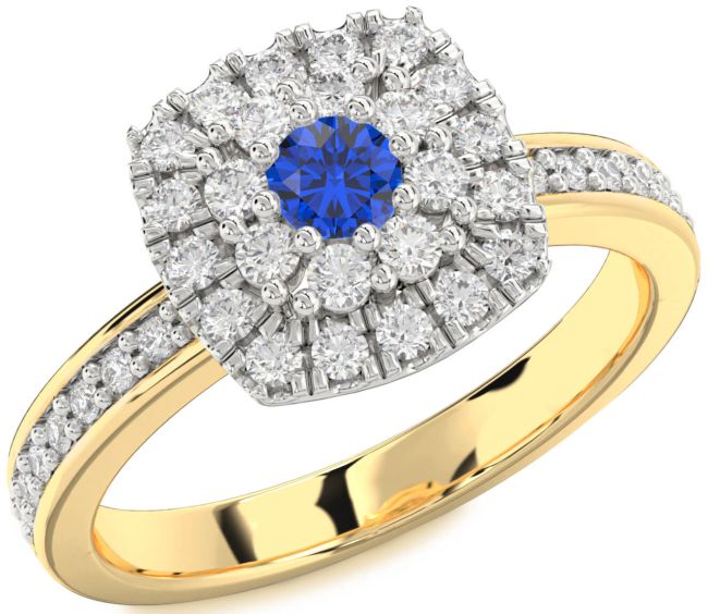 Diamond Blue Sapphire Platinum & Yellow Gold Halo Round Pave Promise Ring