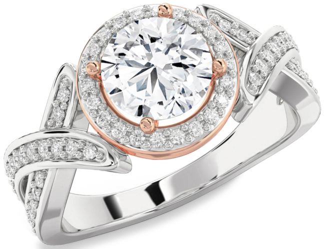 Diamond Silver & 10K Rose Gold Halo Round Pave Engagement Ring
