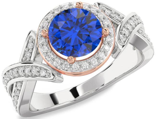 Diamond Blue Sapphire Platinum & Rose Gold Halo Round Pave Engagement Ring