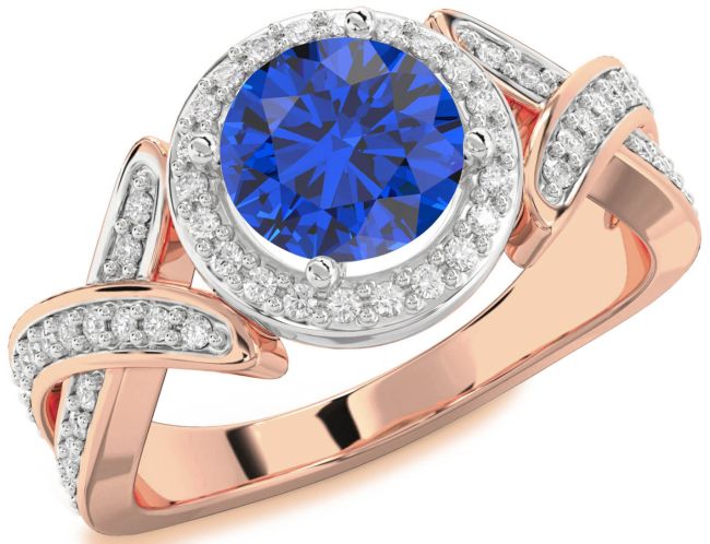 Diamond Blue Sapphire Rose Gold Silver Halo Round Pave Engagement Ring