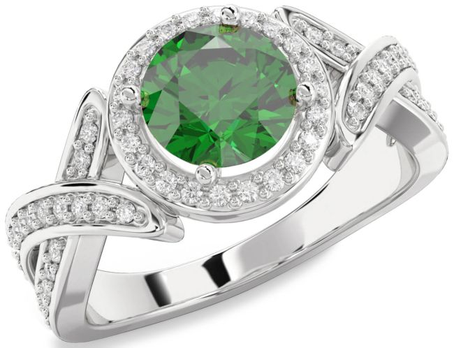 Diamond Emerald Platinum Halo Round Pave Engagement Ring