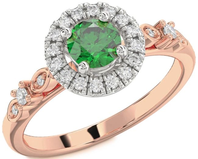 Diamond Emerald White Rose Gold Halo Round Engagement Ring