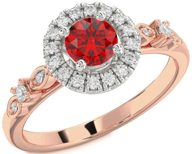 Diamond Ruby Rose Gold Silver Halo Round Engagement Ring