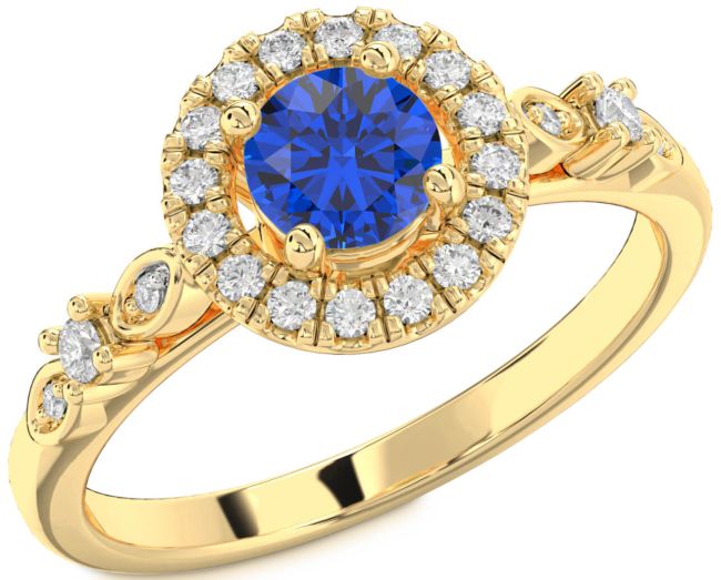 Diamond Blue Sapphire Gold Halo Round Engagement Ring
