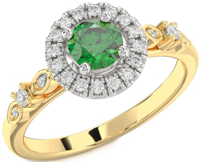 Diamond Emerald Gold Silver Halo Round Engagement Ring