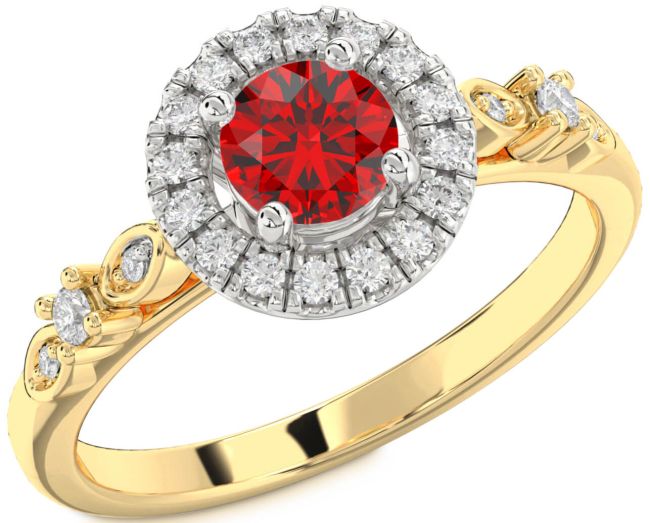 Diamond Ruby White Yellow Gold Halo Round Engagement Ring