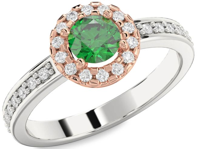 Diamond Emerald Rose Gold Silver Halo Round Pave Engagement Ring