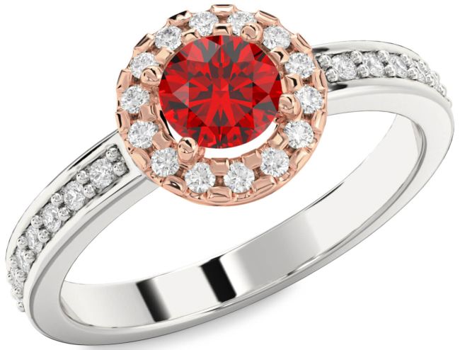 Diamond Ruby White Rose Gold Halo Round Pave Engagement Ring