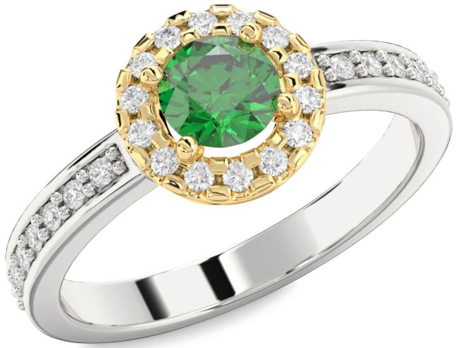Diamond Emerald Silver & 10K gold Halo Round Pave Engagement Ring
