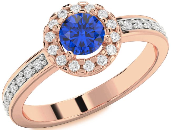 Diamond Blue Sapphire Rose Gold Halo Round Pave Engagement Ring