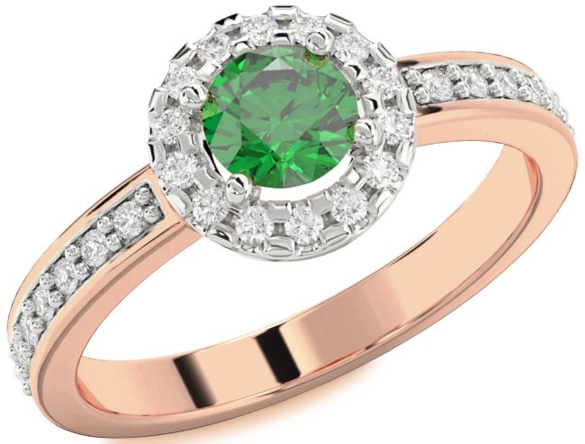 Diamond Emerald Rose Gold Silver Halo Round Pave Engagement Ring