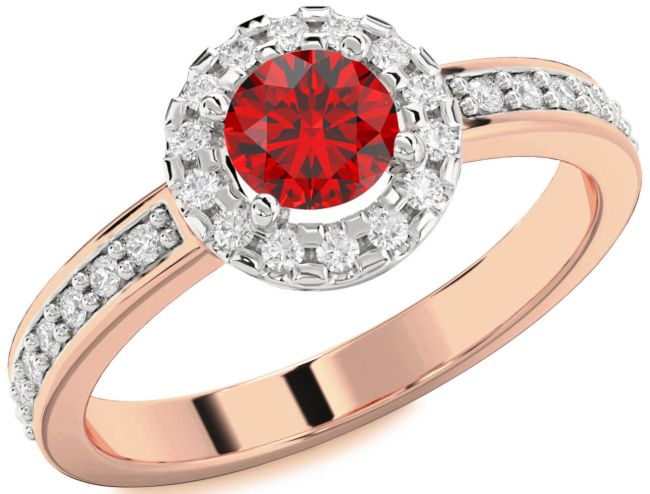 Diamond Ruby White Rose Gold Halo Round Pave Engagement Ring