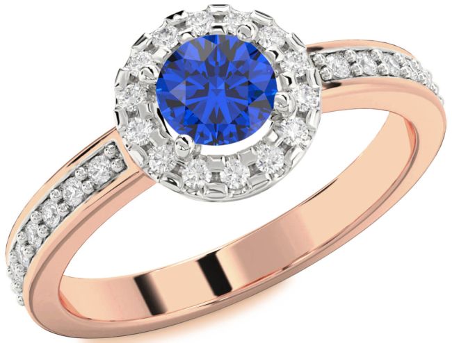 Diamond Blue Sapphire White Rose Gold Halo Round Pave Engagement Ring