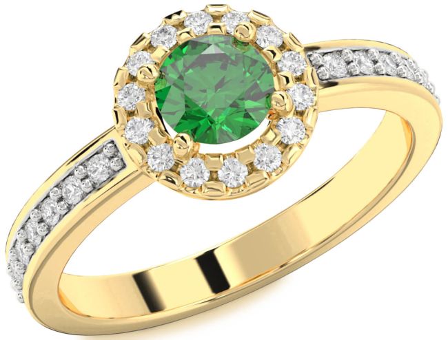 Diamond Emerald Gold Halo Round Pave Engagement Ring