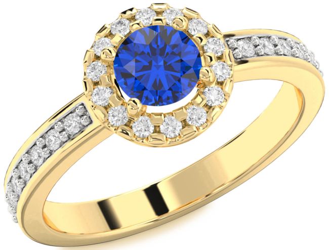 Diamond Blue Sapphire Gold Halo Round Pave Engagement Ring