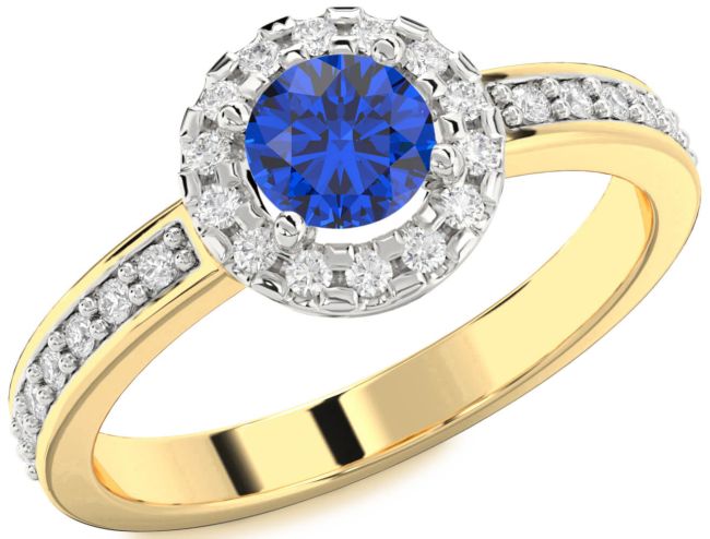 Diamond Blue Sapphire White Yellow Gold Halo Round Pave Engagement Ring