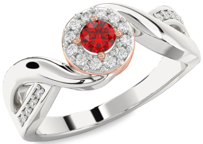 Diamond Ruby Silver & 10K Rose Gold Halo Round Promise Ring