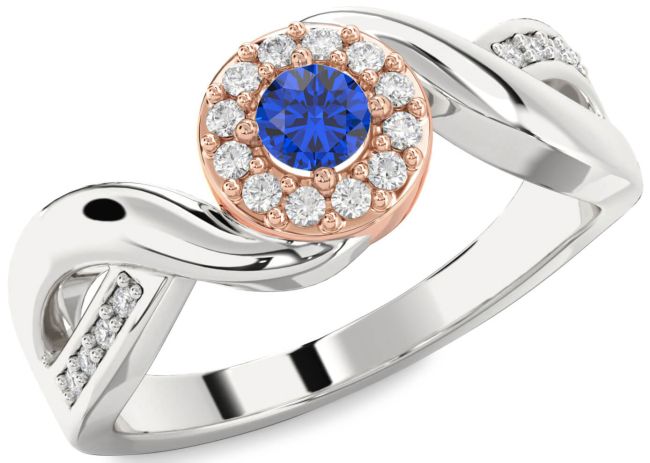 Diamond Blue Sapphire White Rose Gold Halo Round Promise Ring