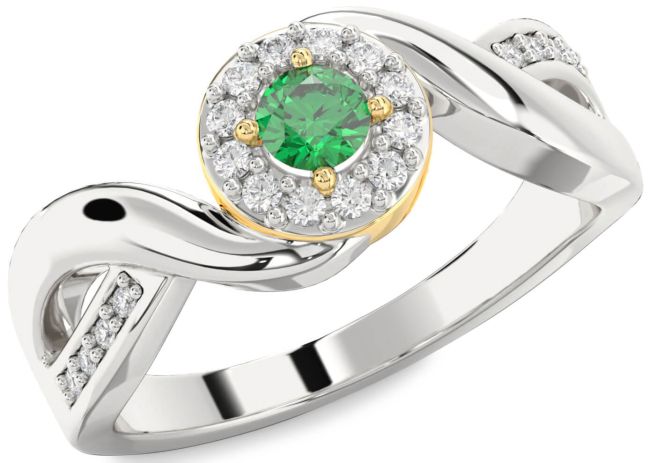 Diamond Emerald Silver & 10K gold Halo Round Promise Ring