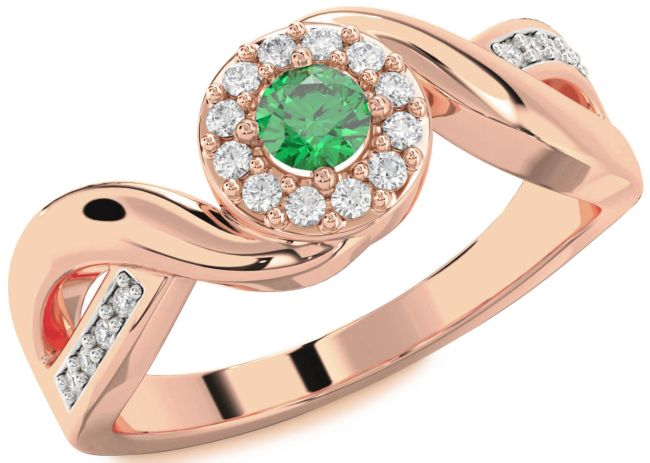 Diamond Emerald Rose Gold Halo Round Promise Ring