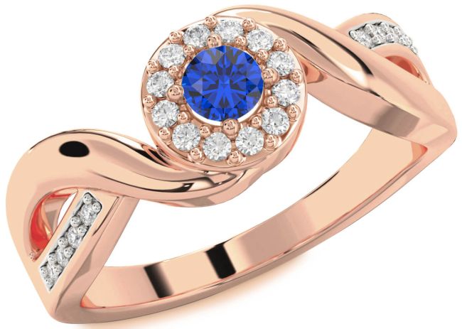 Diamond Blue Sapphire Rose Gold Silver Halo Round Promise Ring
