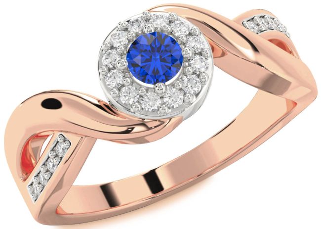Diamond Blue Sapphire Platinum & Rose Gold Halo Round Promise Ring