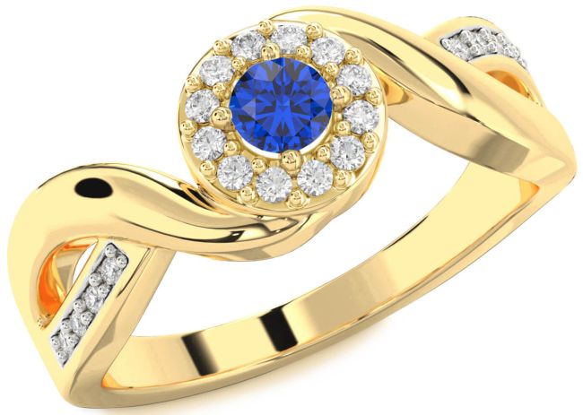 Diamond Blue Sapphire Gold Halo Round Promise Ring