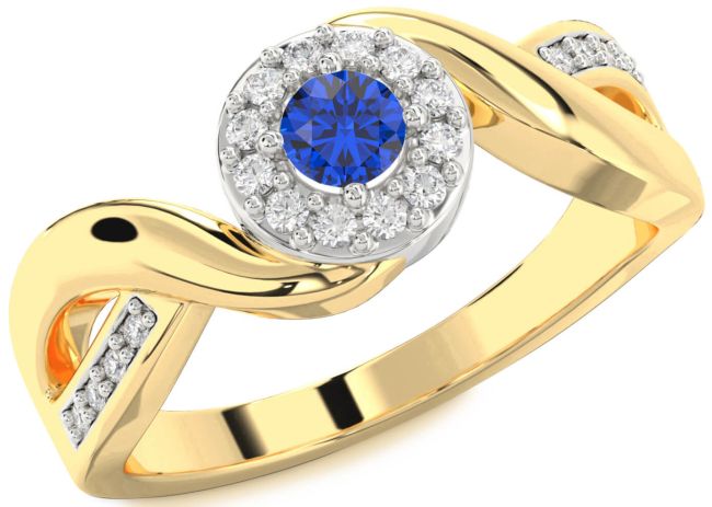 Diamond Blue Sapphire White Yellow Gold Halo Round Promise Ring